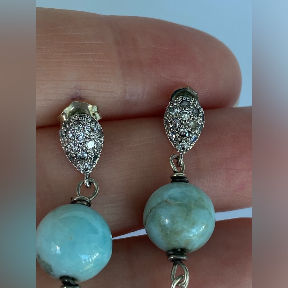 Vintage Larimar and 925 sterling earrings, Cubic Zirconia CZ teardrop post back - Picture 3 of 6